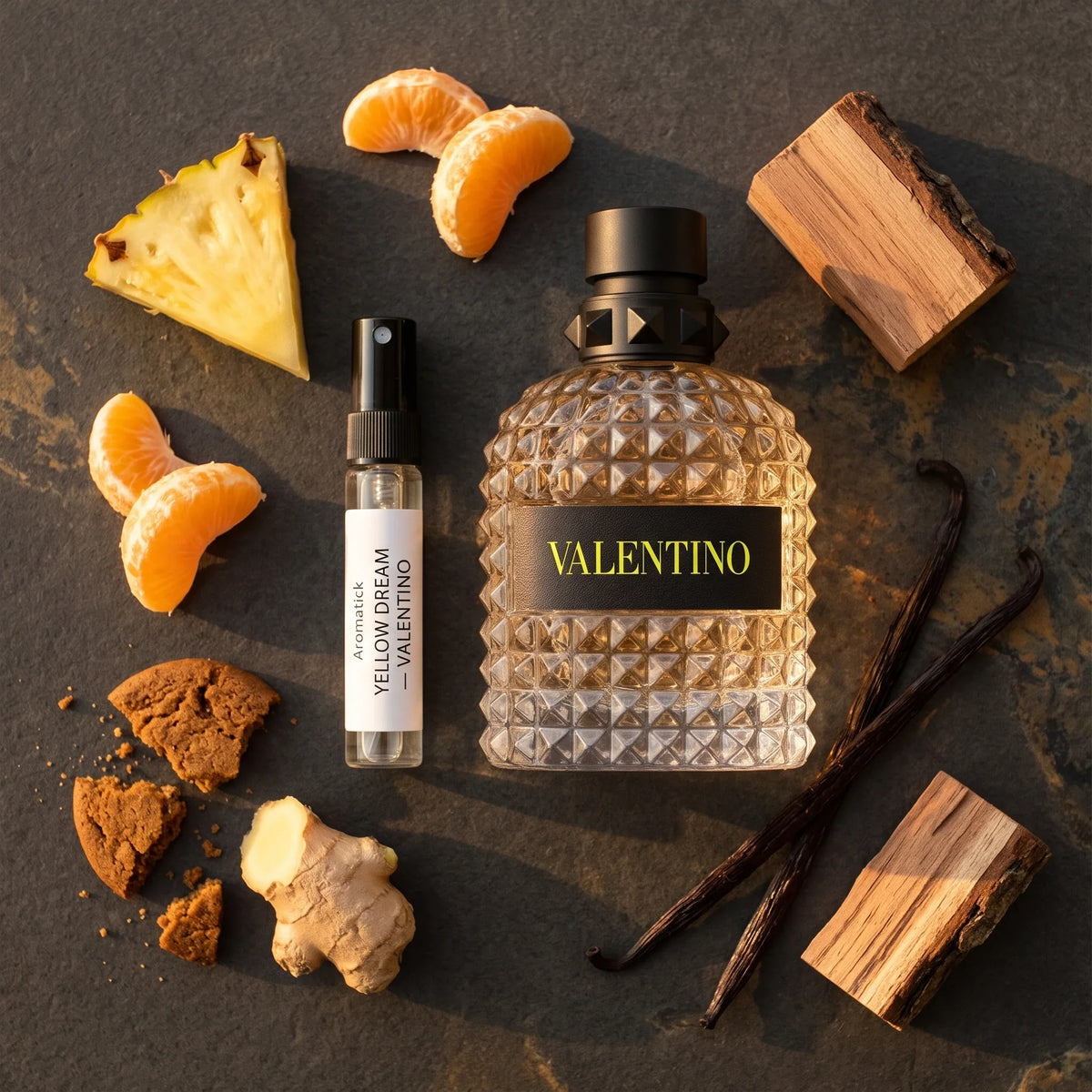 Valentino Yellow Dream flatlay with pineapple, mandarin, ginger, gingerbread, vanilla pods and cedar