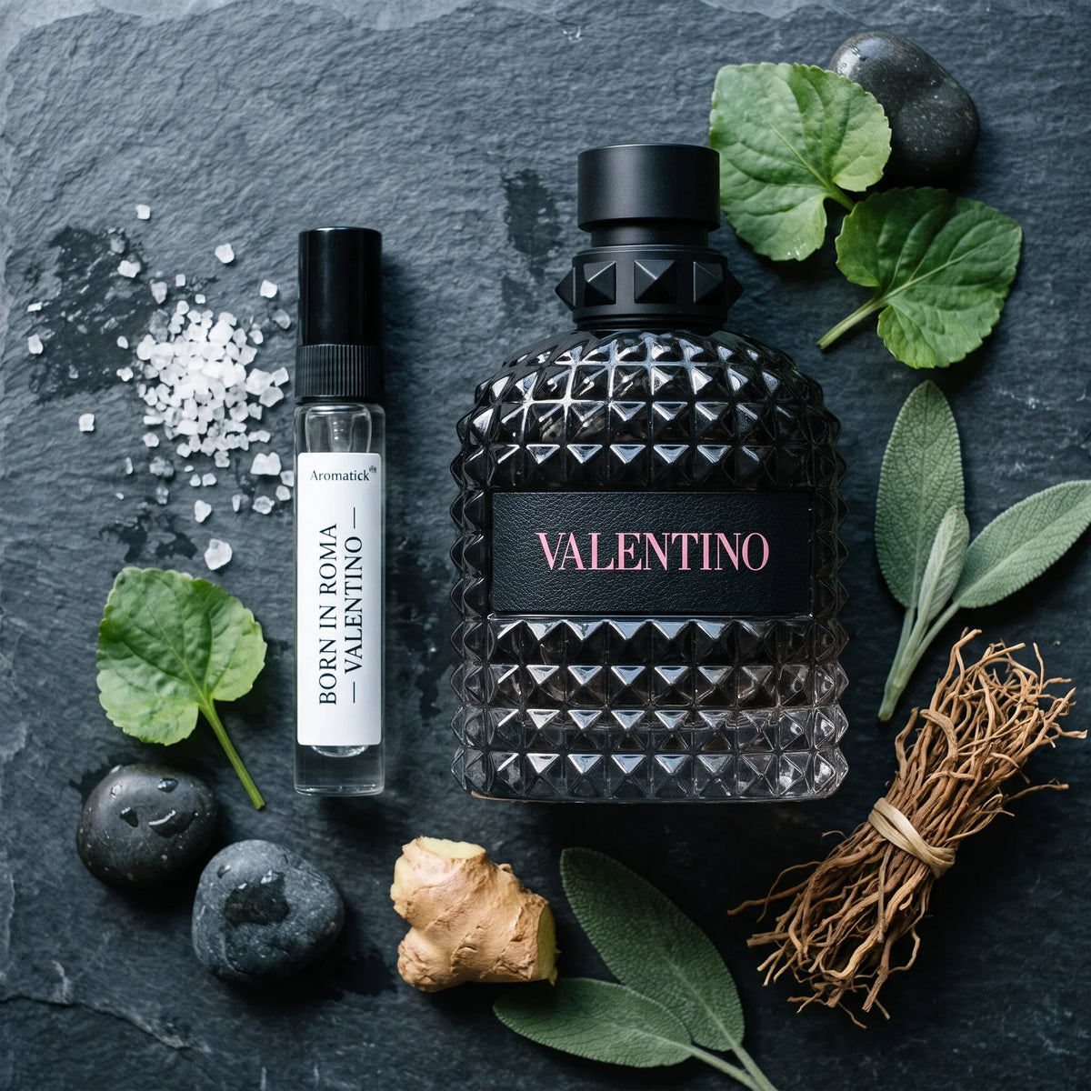 Valentino Born in Roma EDT flatlay with sea salt, violet leaves, ginger, sage and vetiver roots