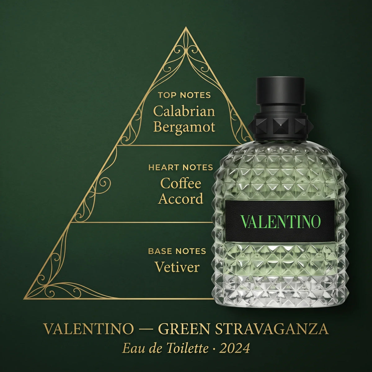 Valentino Born in Roma Green Stravaganza note pyramid — Calabrian bergamot, coffee accord, vetiver