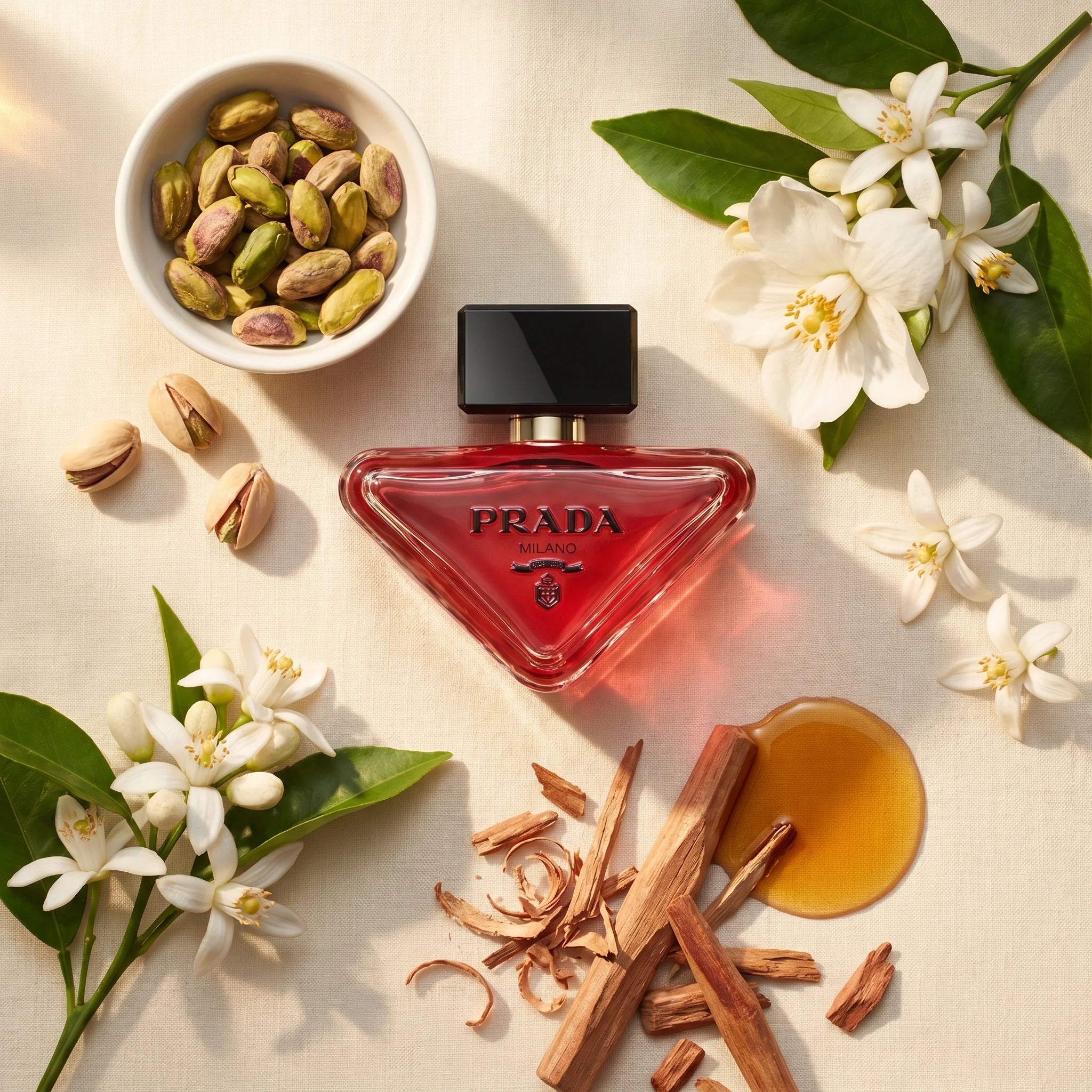 Prada Paradoxe Radical Essence Parfum flatlay with shelled pistachios, orange blossom, sandalwood chips and warm oil on cream linen