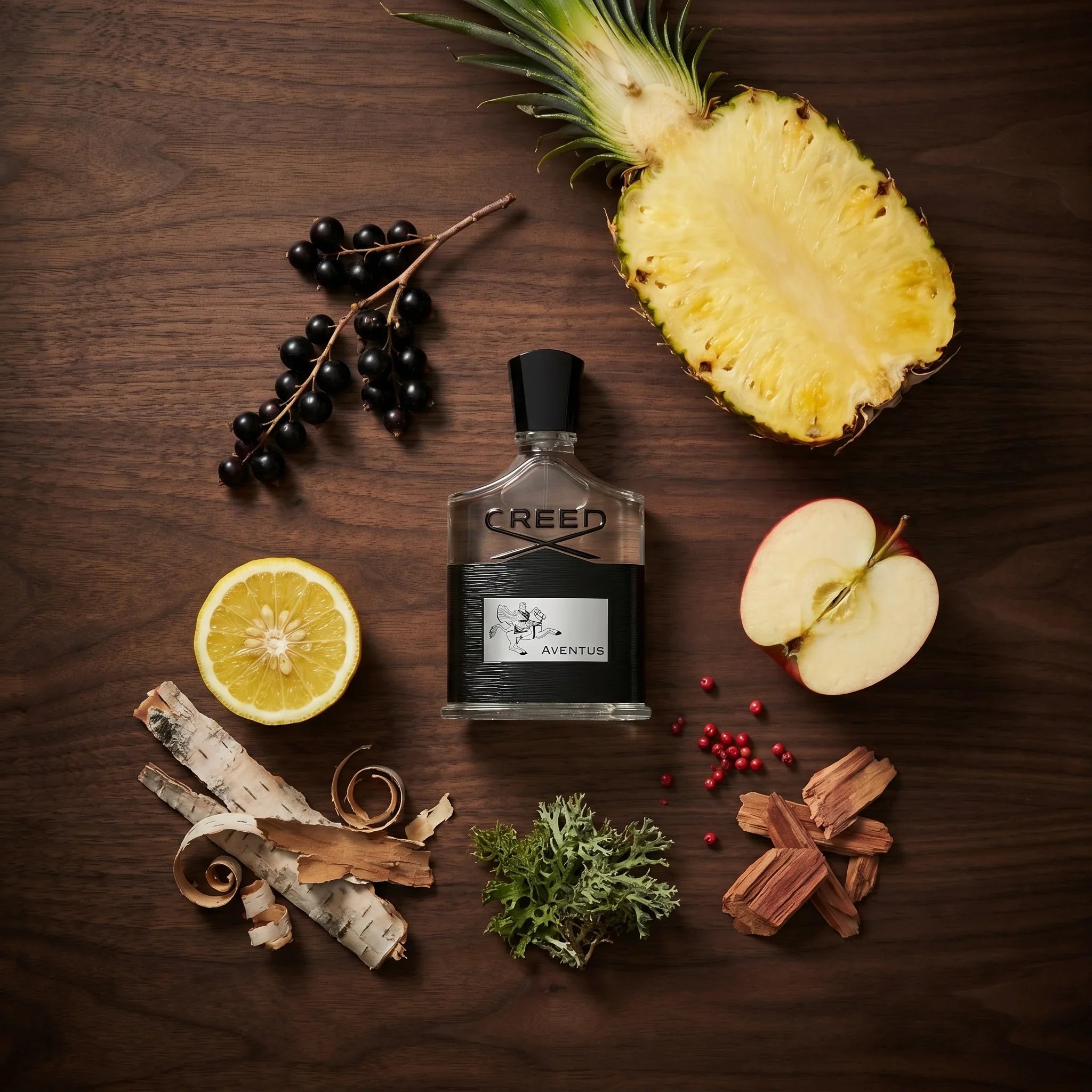 Creed Aventus flatlay with halved pineapple, blackcurrants, apple, bergamot, birch bark, oakmoss, cedarwood and pink peppercorns on dark walnut