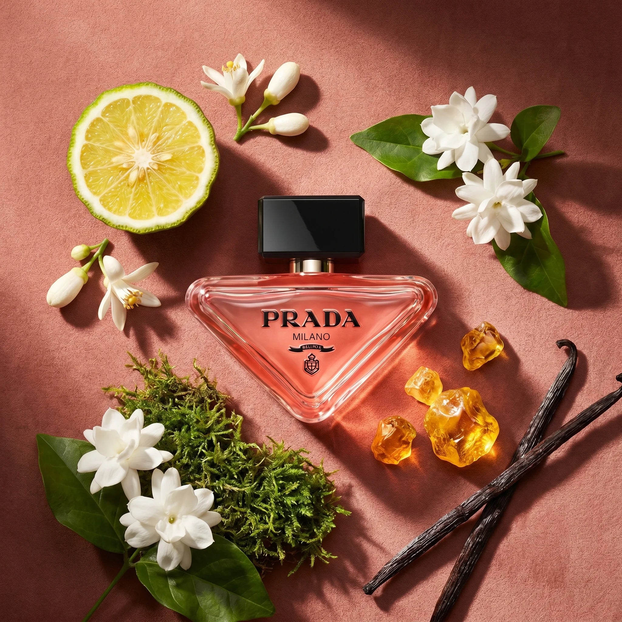 Prada Paradoxe Intense flatlay with bergamot, neroli buds, jasmine, fresh moss, golden amber resin and vanilla on rose velvet