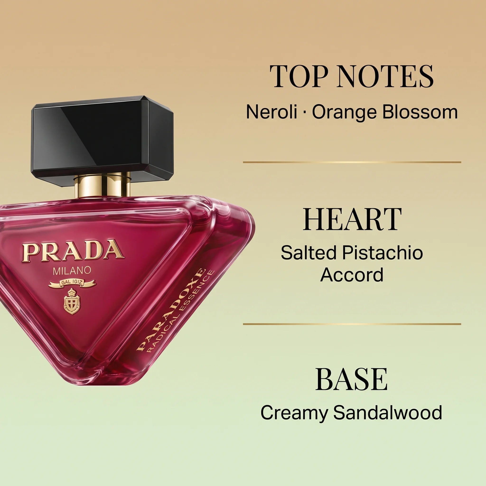 Prada Paradoxe Radical Essence notes — Top: neroli, orange blossom. Heart: salted pistachio accord. Base: creamy sandalwood