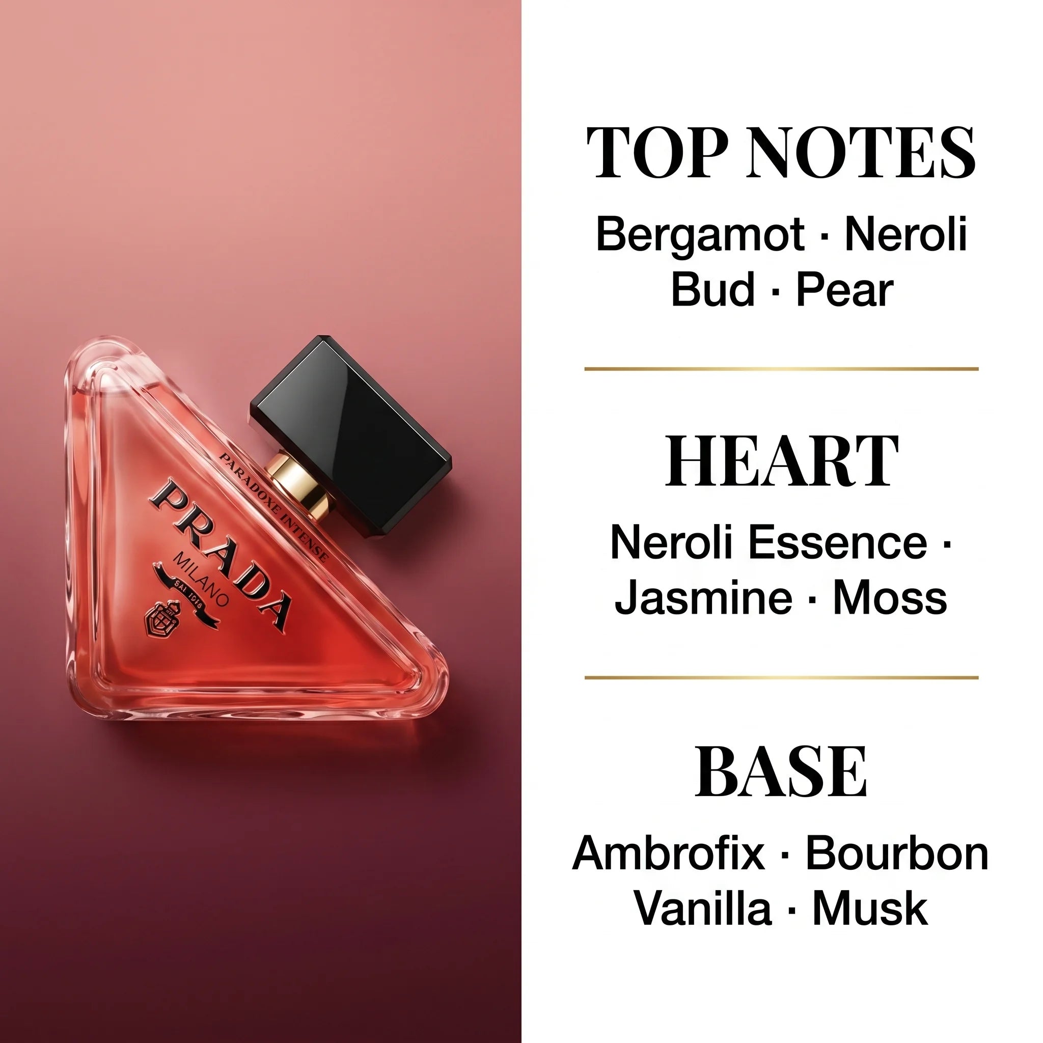 Prada Paradoxe Intense notes — Top: bergamot, neroli bud, pear. Heart: neroli essence, jasmine, moss. Base: Ambrofix, bourbon vanilla, musk