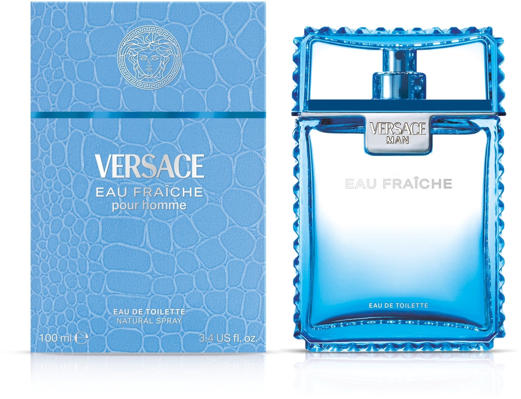 Versace Eau Fraçèche pour homme perfume bottle and packaging on a white background