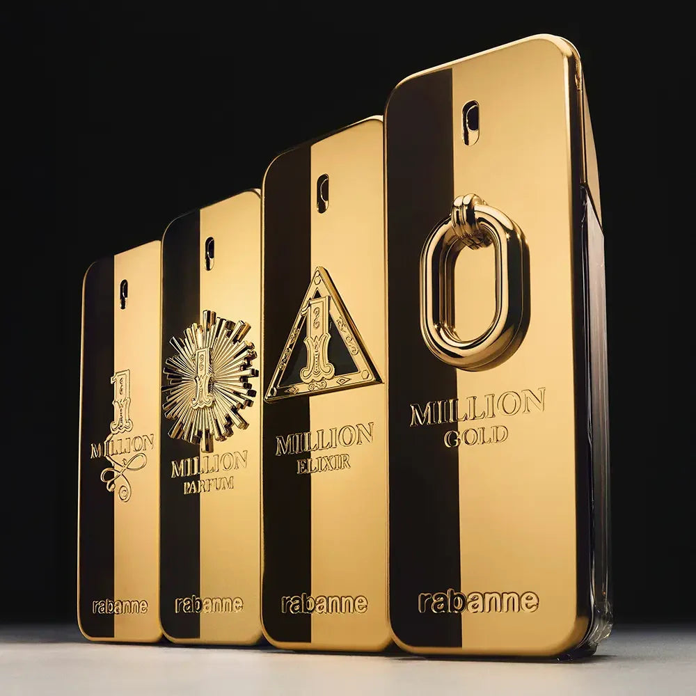 Gold perfume bottles with intricate designs and 'rabanne' branding on a black background