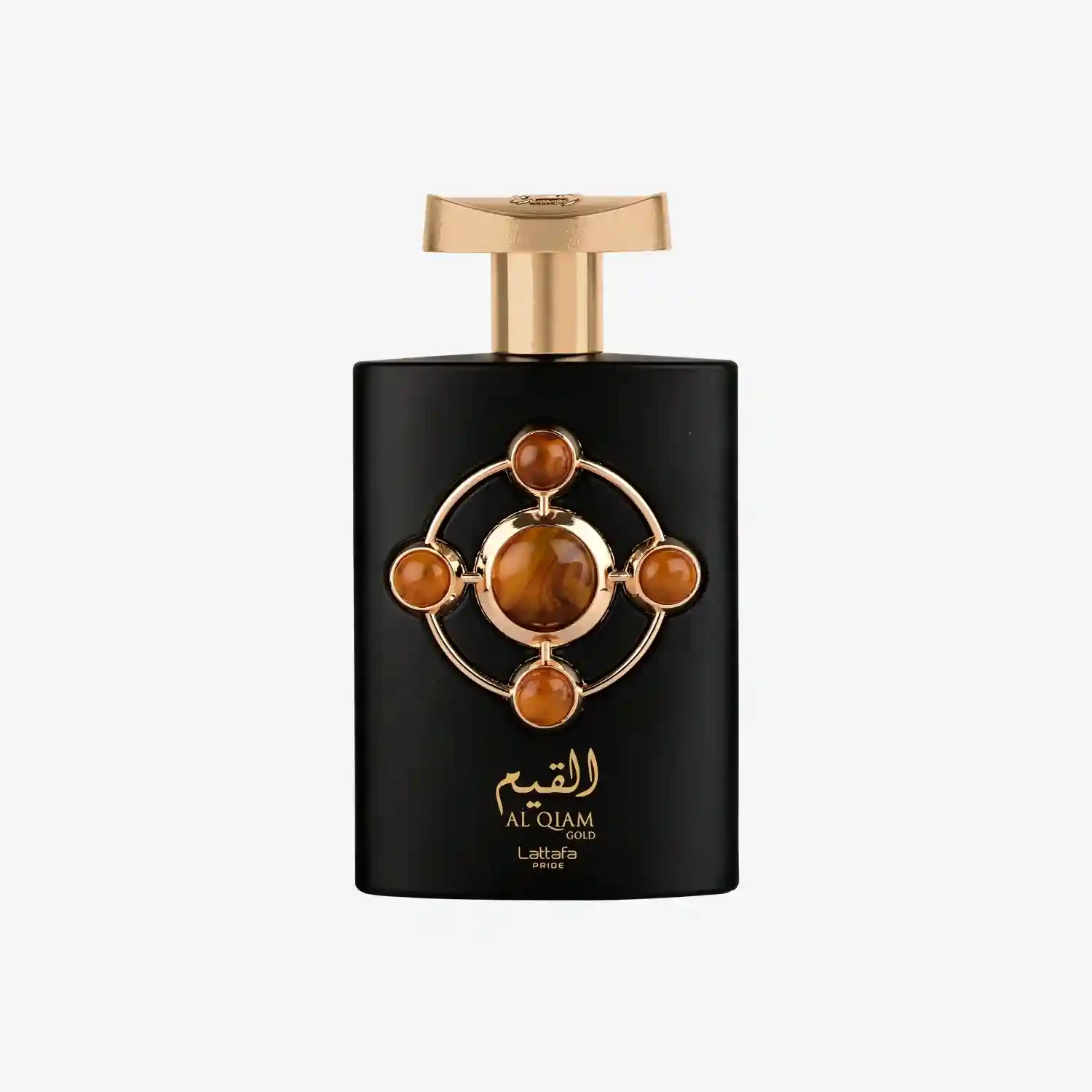 Black perfume bottle with gold accents and decorative elements on a white background