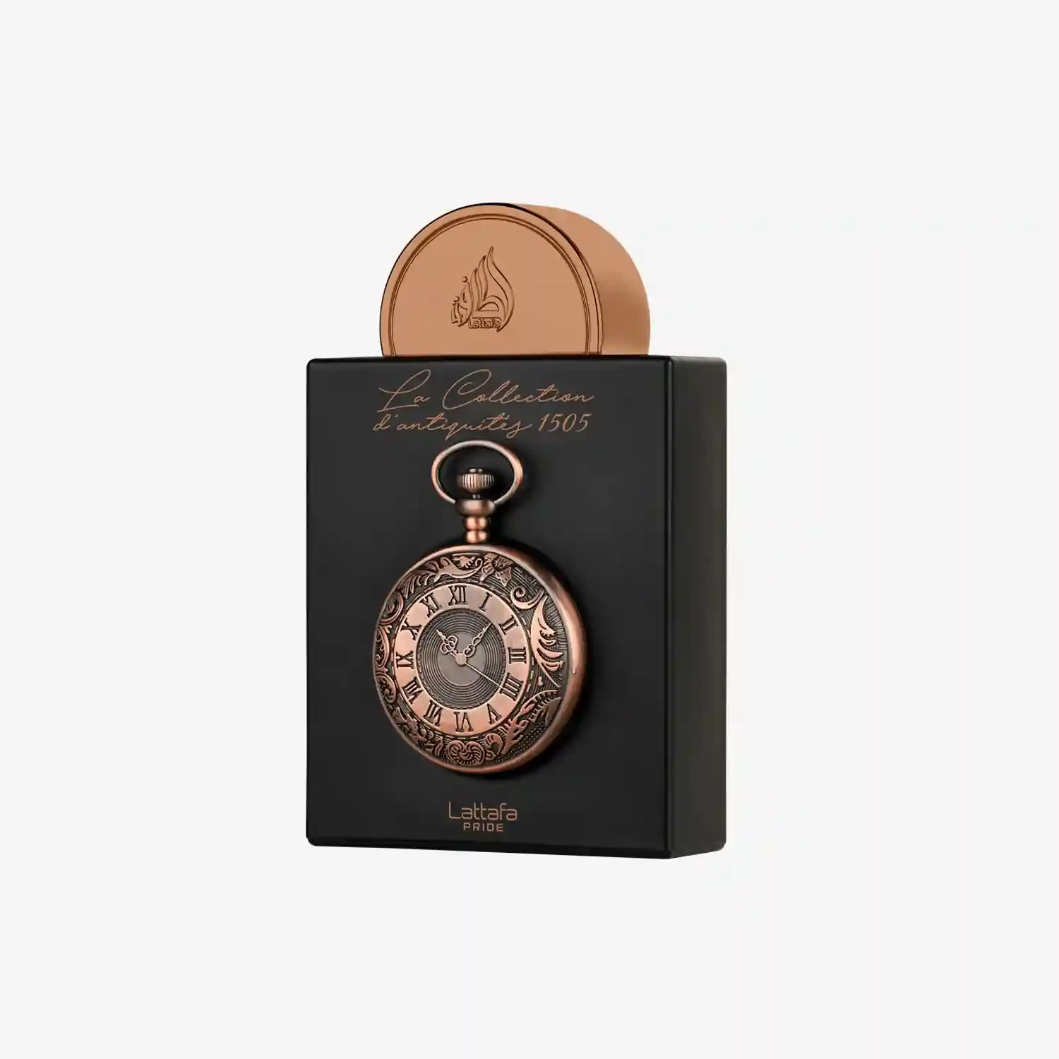 Bronze pocket watch in a black box with Lattafa branding on a white background