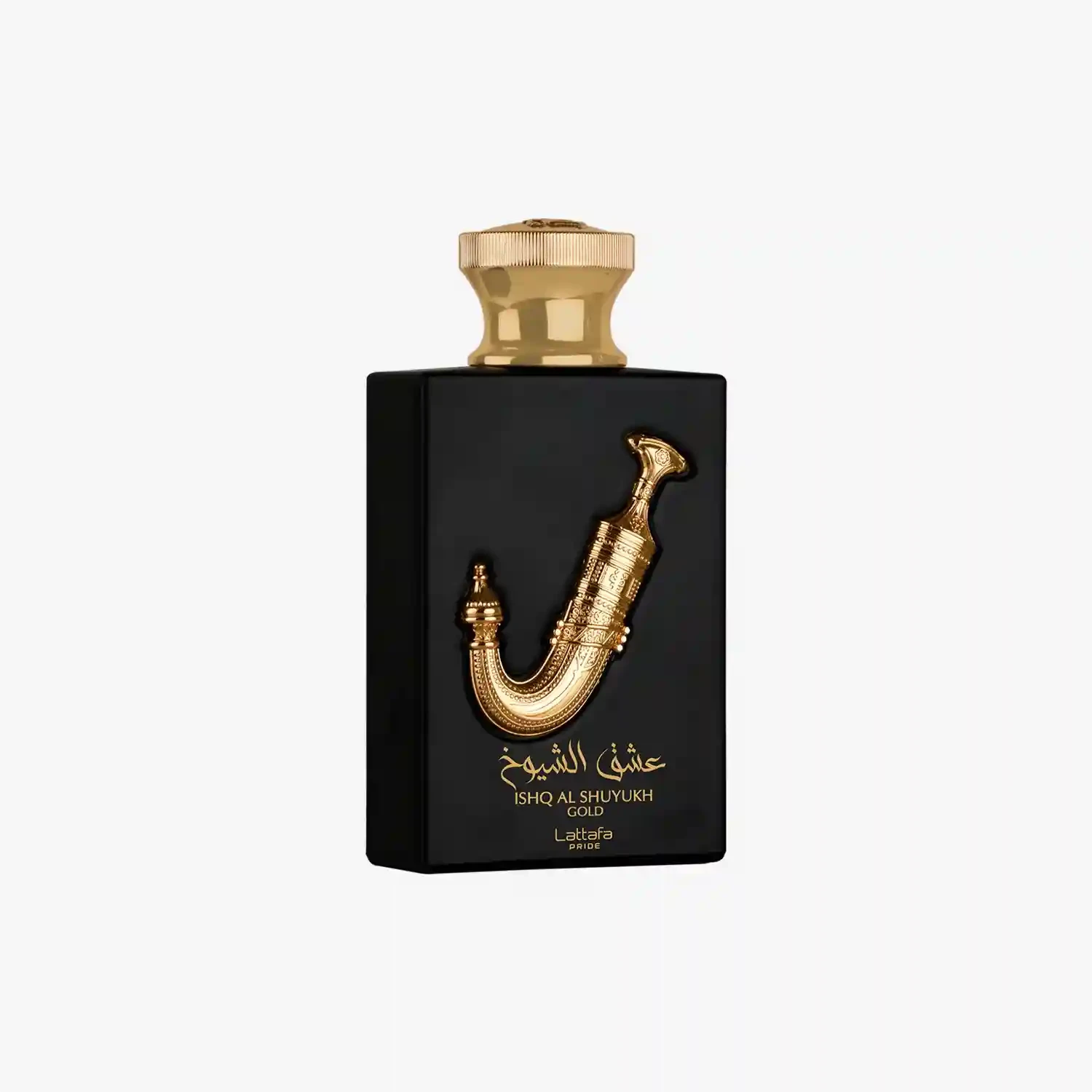 Perfume bottle with gold cap and decorative element on a white background