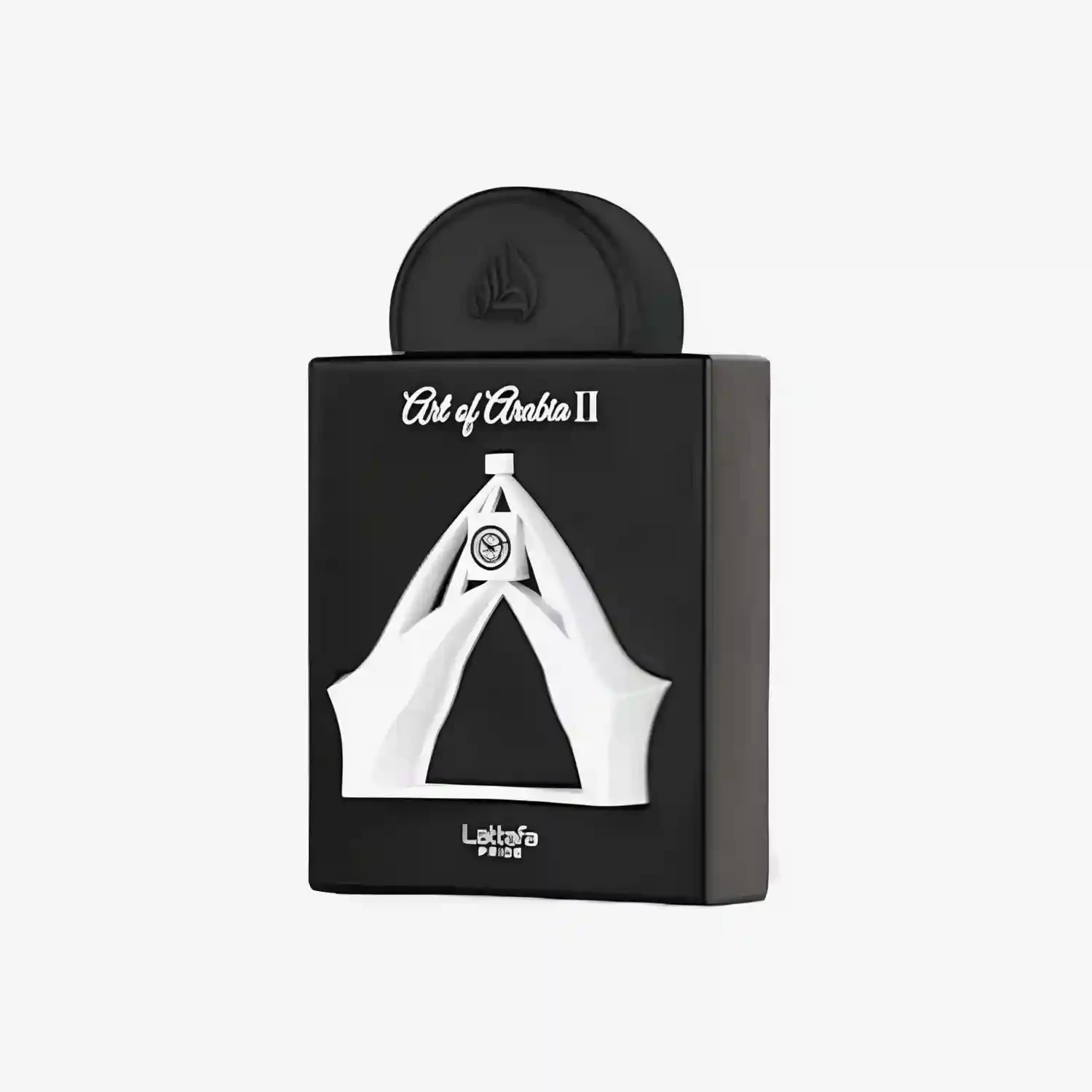 Black perfume bottle packaging with white design and 'Lattafa' branding on a light gray background