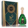 Green perfume bottle with gold detailing and 'Nashwa' branding next to its packaging on a white background.