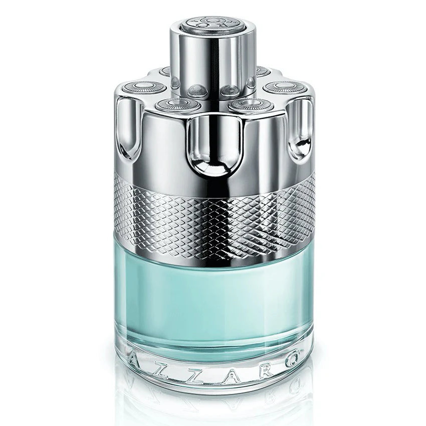 Perfume bottle with silver cap and blue liquid on a white background