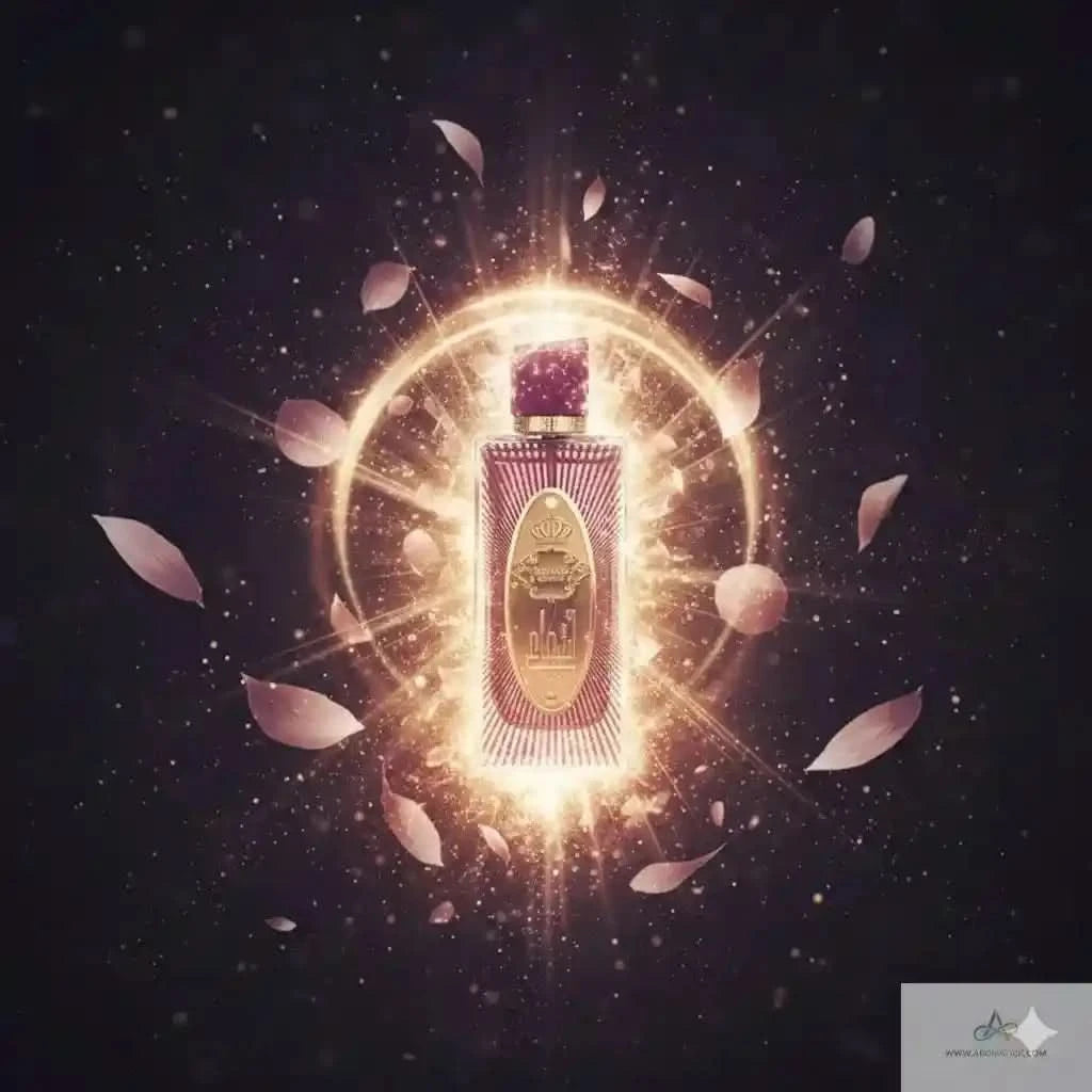 Luxurious perfume bottle with glowing effects and falling petals on a dark background