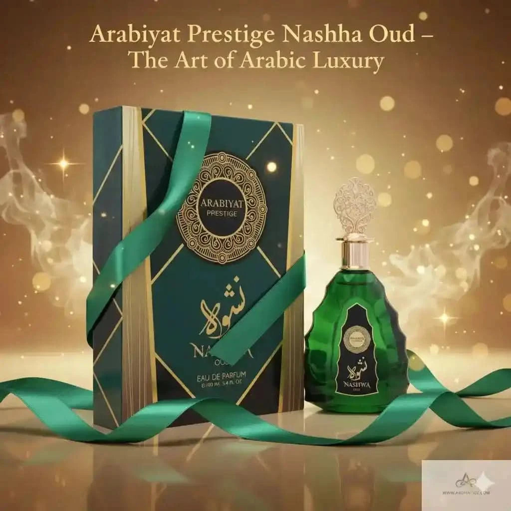 Arabiyat Prestige Nashha Oud perfume bottle and packaging with green ribbon on a gold background