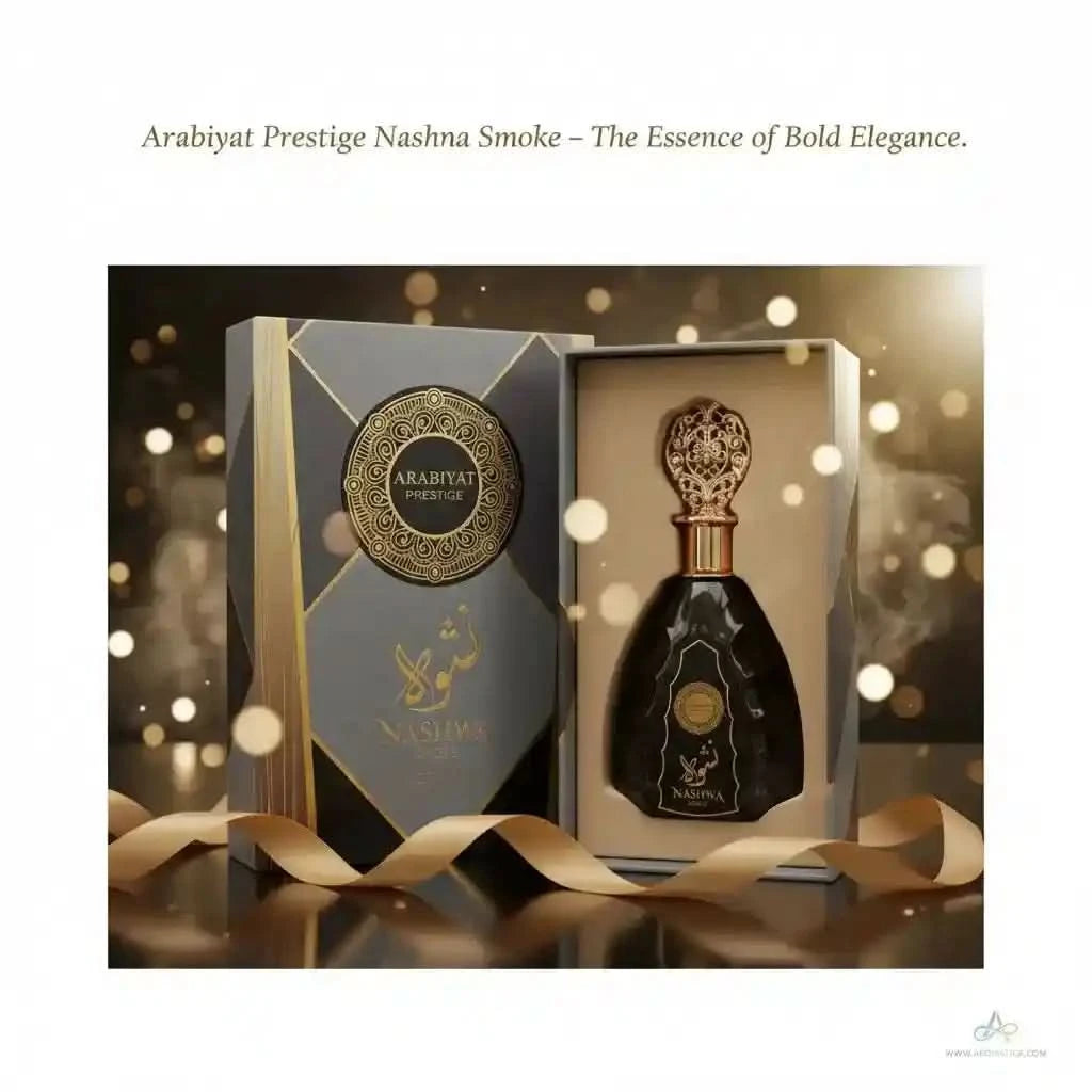 Arabiyat Prestige Nashwa Smoke perfume bottle and packaging with decorative elements on a blurred background.