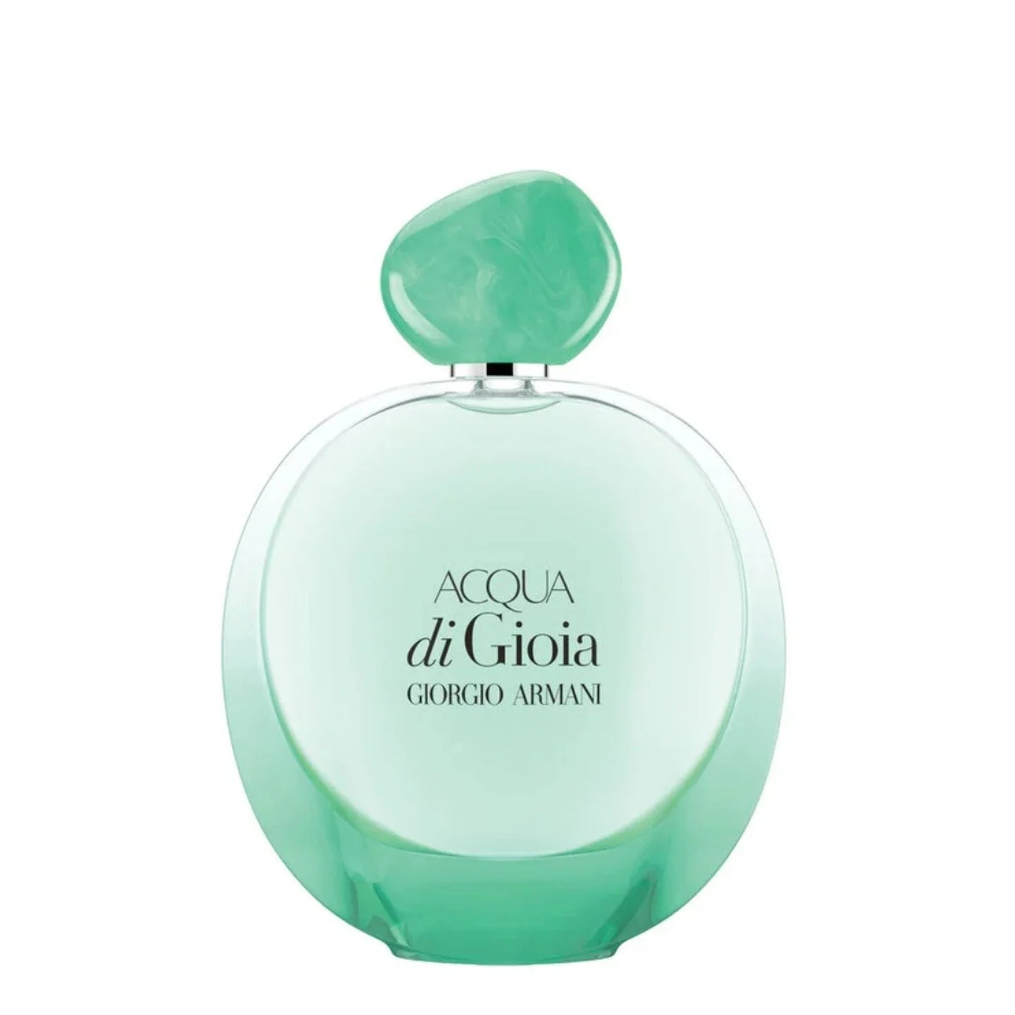 Green perfume bottle with 'Acqua di Gioia' and 'Giorgio Armani' text on a white background