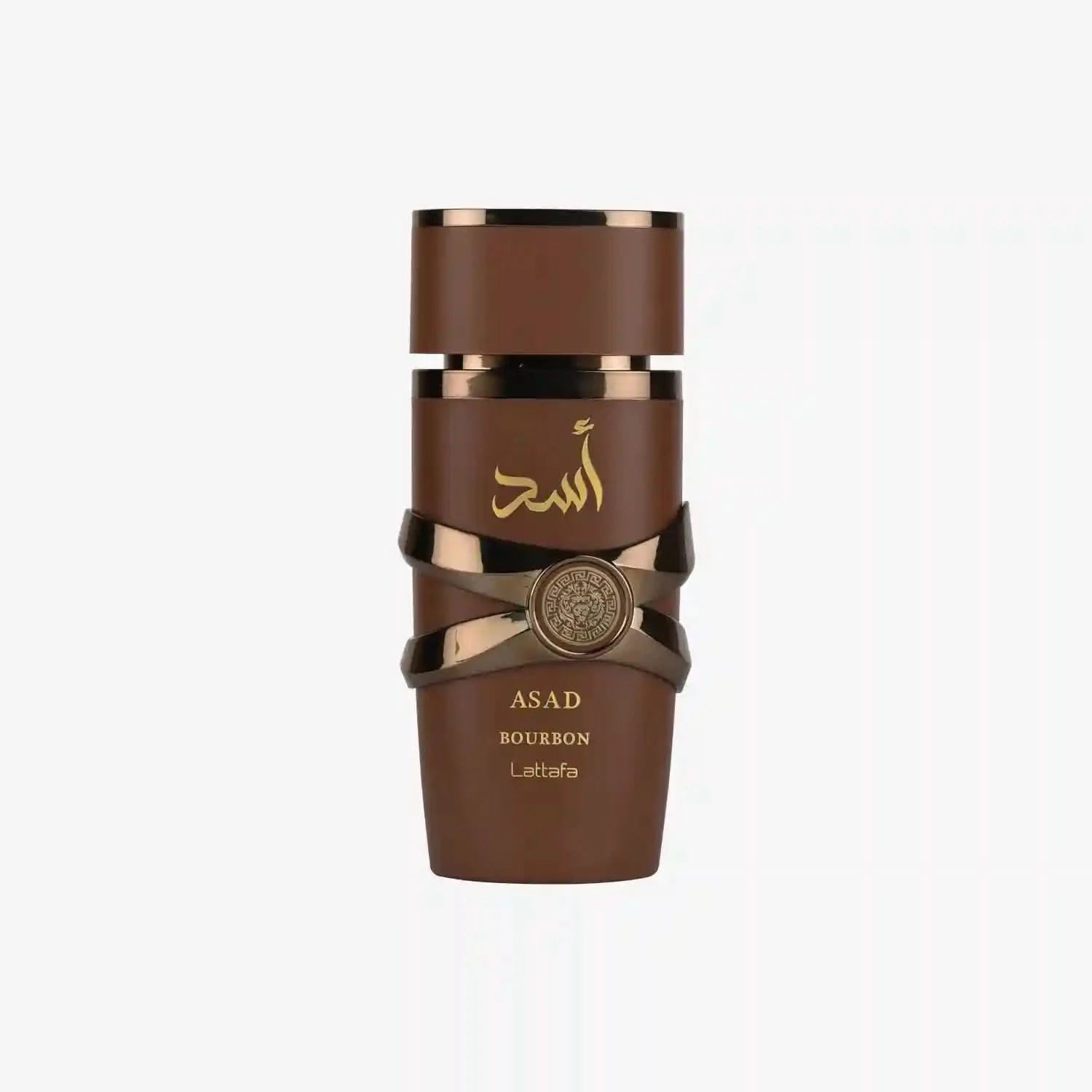Brown and rose gold bottle with 'ASAD' branding on a white background