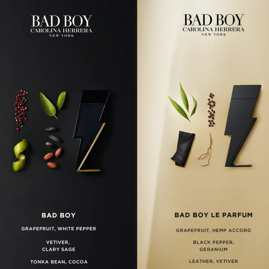 Two product packaging designs for Bad Boy by Carolina Herrera on a black and beige background.