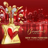 Gold perfume bottle with red heart design against a cityscape background, featuring Bond No. 9 New York fragrance.