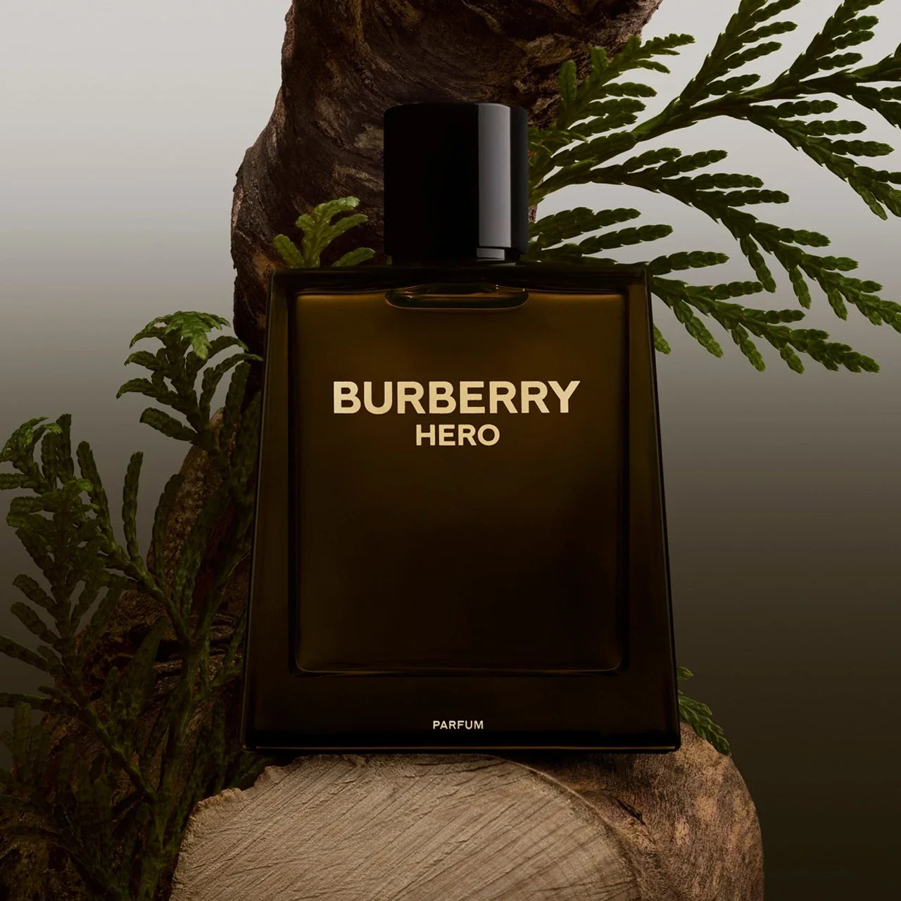 Burberry Hero perfume bottle on a wooden surface with plants in the background