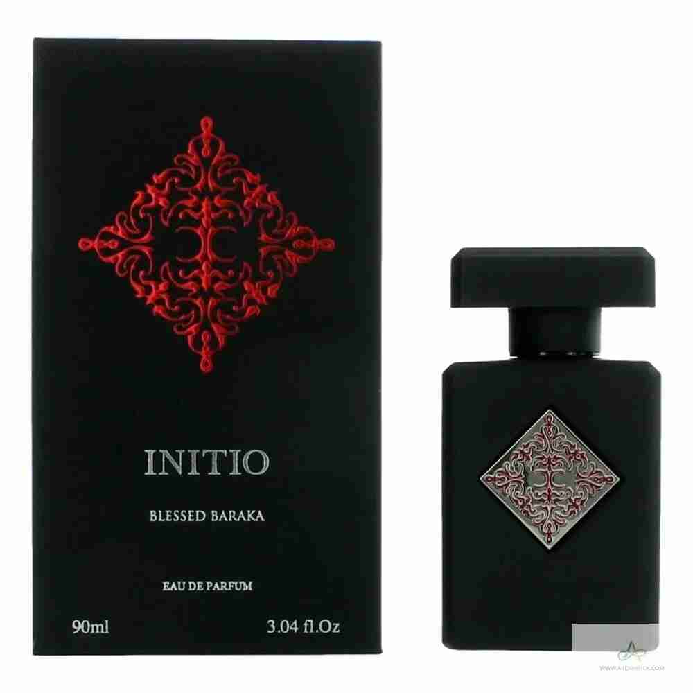 Black perfume bottle and packaging with intricate design and 'INITIO' branding on a white background