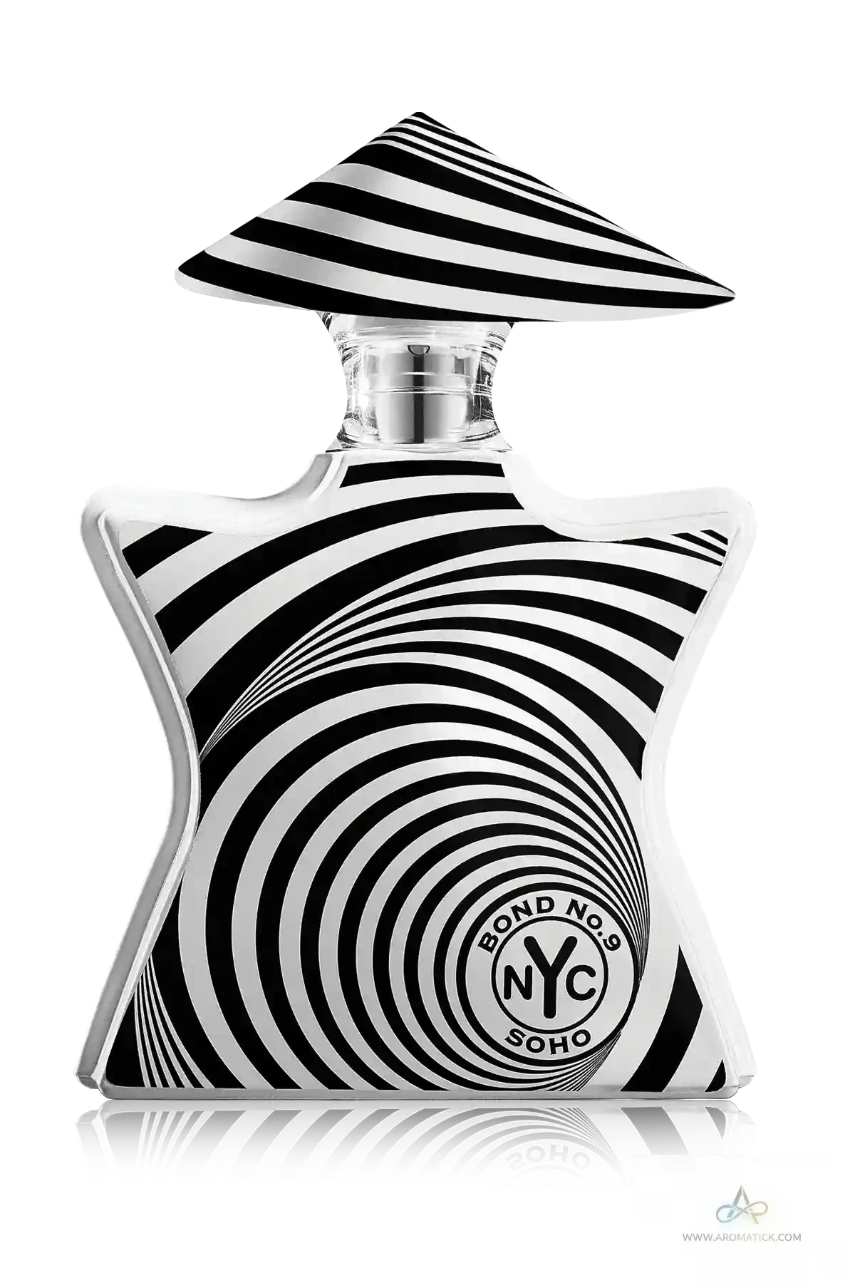Black and white striped perfume bottle with 'Bond No. 9' branding on a white background