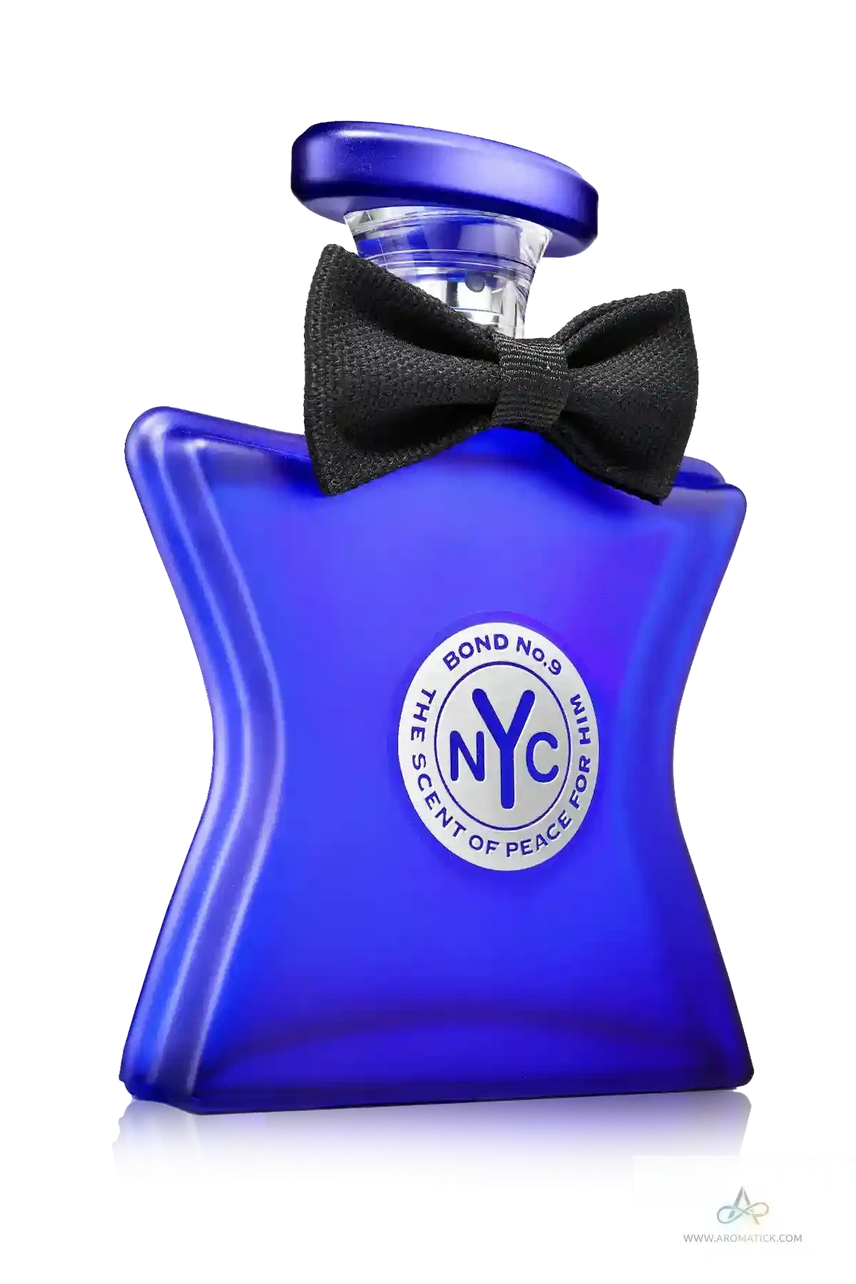 Blue perfume bottle with a black bow tie on a white background