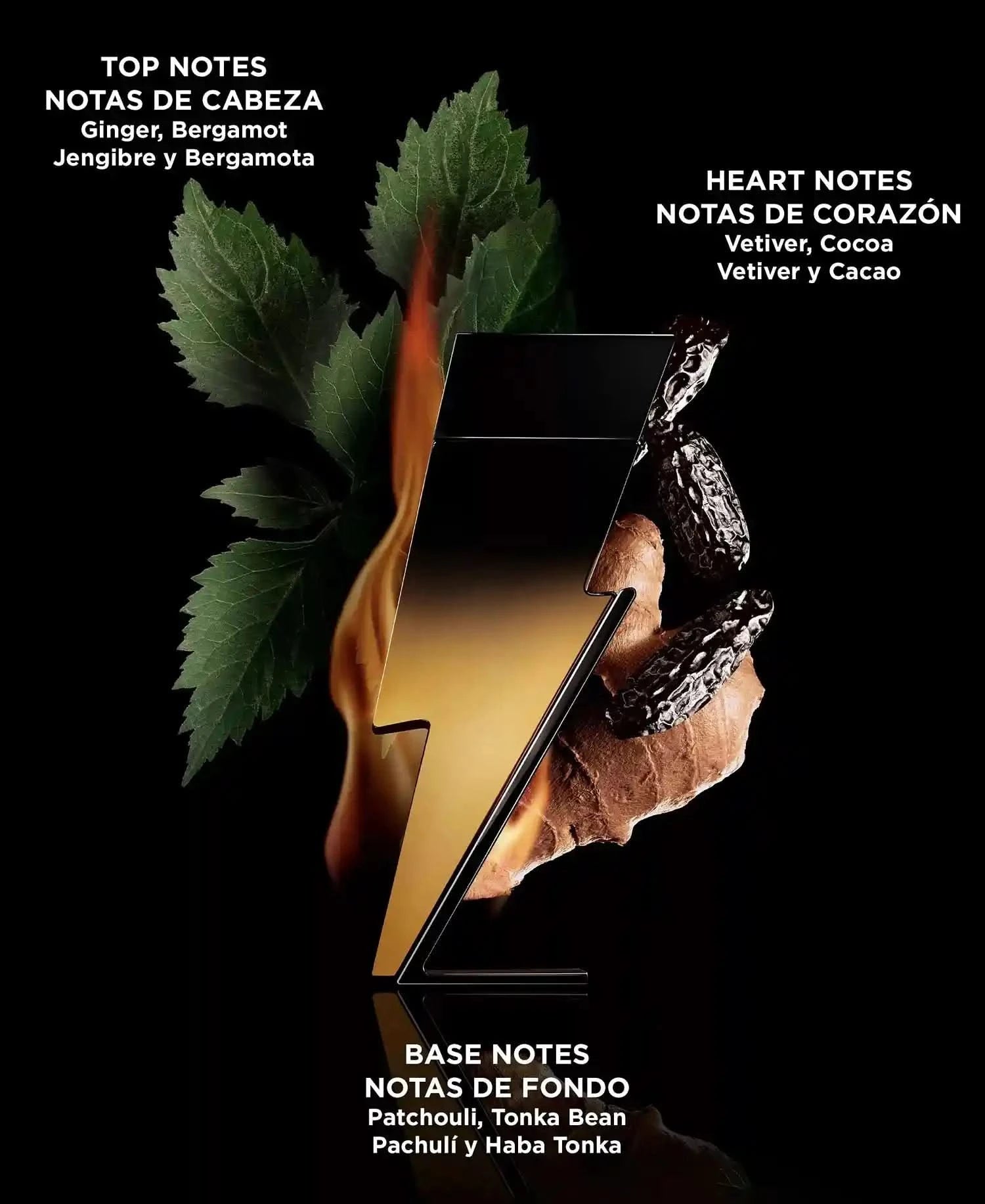 Product packaging with leaves and stones on a black background, featuring text about top, heart, and base notes.