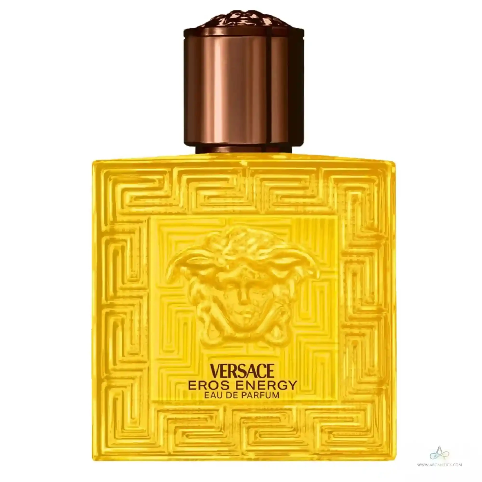 Versace Eros Energy perfume bottle with gold design and bronze cap on a white background
