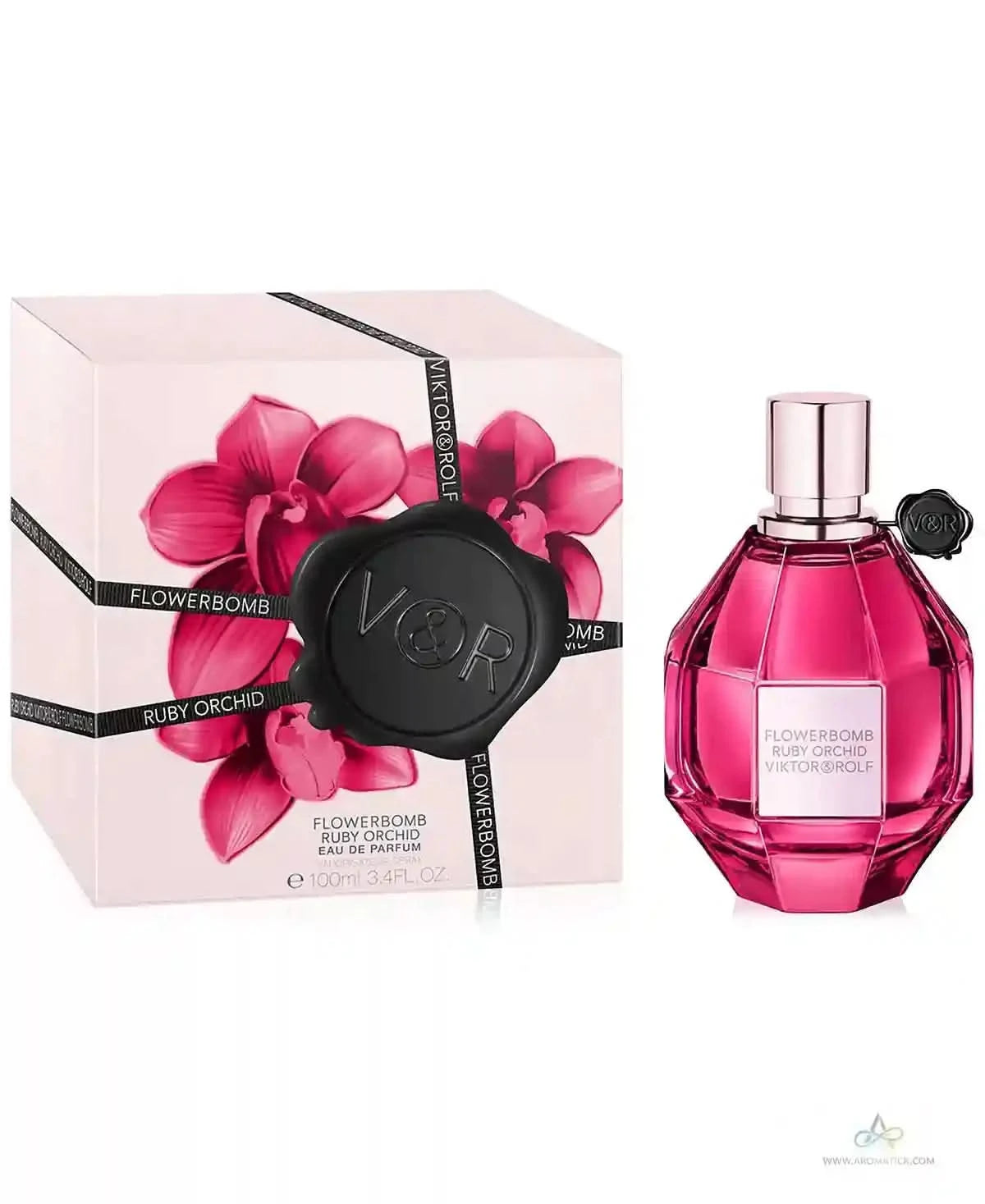 Viktor & Rolf Flowerbomb Ruby Orchid perfume bottle and packaging on a white background