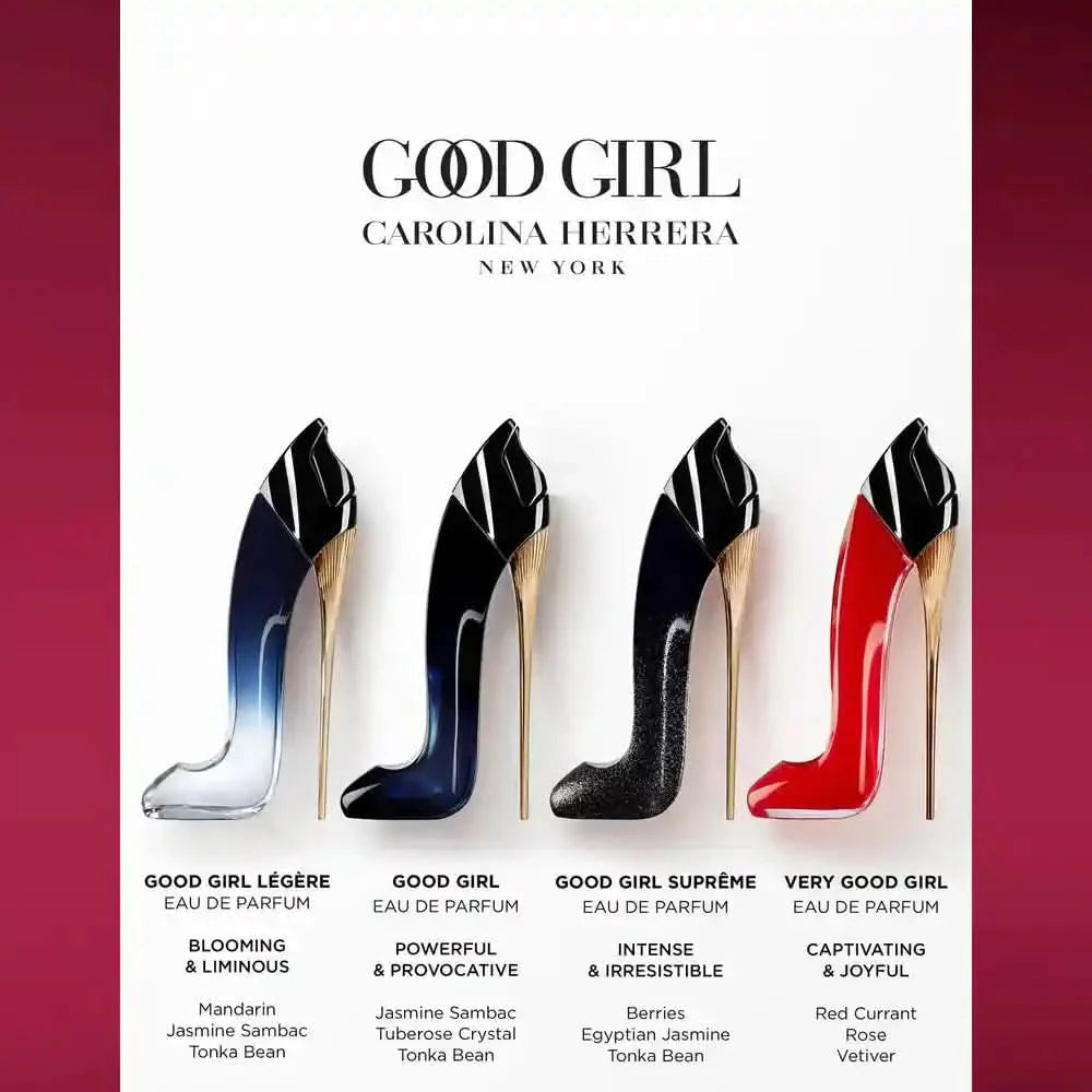 Carolina Herrera Good Girl perfume bottles with product names and descriptions on a white background.