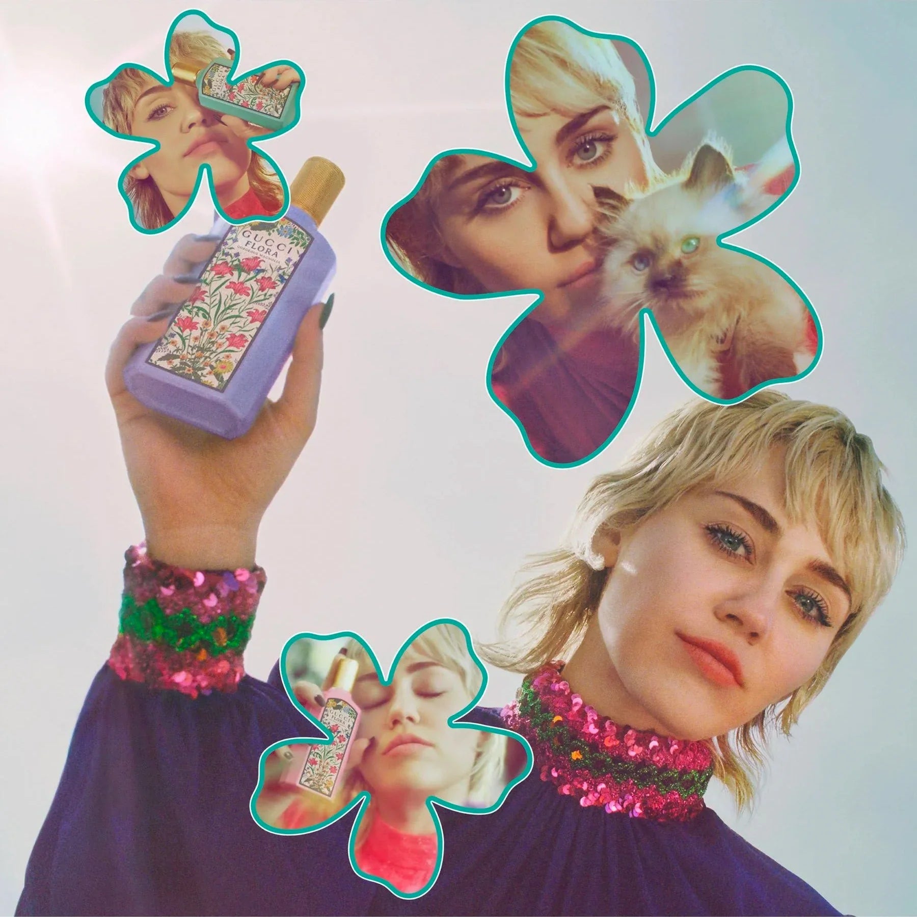 Person holding a bottle with cut-out images of faces and objects on a white background