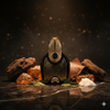 Decorative bottle with gold accents on a dark surface with decorative elements