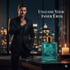 Man in a suit with a blue perfume bottle and candle, text 'Unleash Your Inner Eros' against a cityscape background.