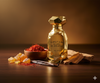 Gold bottle of Mard Al Dharab with saffron, amber, and wood on a wooden surface.