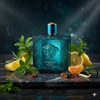 Versace men's perfume bottle with lemons and mint leaves on a dark surface