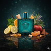 Versace eau de parfum bottle surrounded by fruits and herbs on a dark background