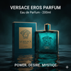 Versace Eros perfume bottle and packaging on a dark background