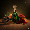 Green perfume bottle with decorative top on a wooden surface with flowers and spices