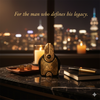 Luxury bottle with decorative elements on a dark surface with candles and a cityscape in the background.