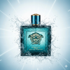 Versace Eau de Parfum bottle with water splash effect on a light blue background