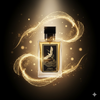 Perfume bottle with gold design and glowing effects on a dark background