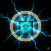 Versace perfume bottle with electric blue glow on a dark background with lightning effects