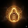 Alcohol bottle with glowing gold design on a dark background