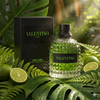 Valentino perfume bottle and packaging on a green leafy background