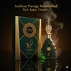 Arabiyat Prestige Nashva Oud perfume bottle and packaging with smoke effect on a dark background