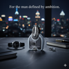 Perfume bottle, watch, and cufflinks on a table with a cityscape background.