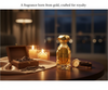 Gold perfume bottle with wooden box and watch on a table with candles in the background