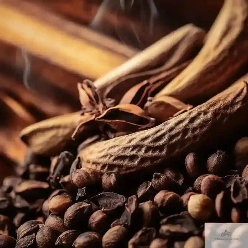 Close-up of aromatic spices including cardamom and pepper, highlighting the warm, spicy notes in HOS N.001 EDP cologne.