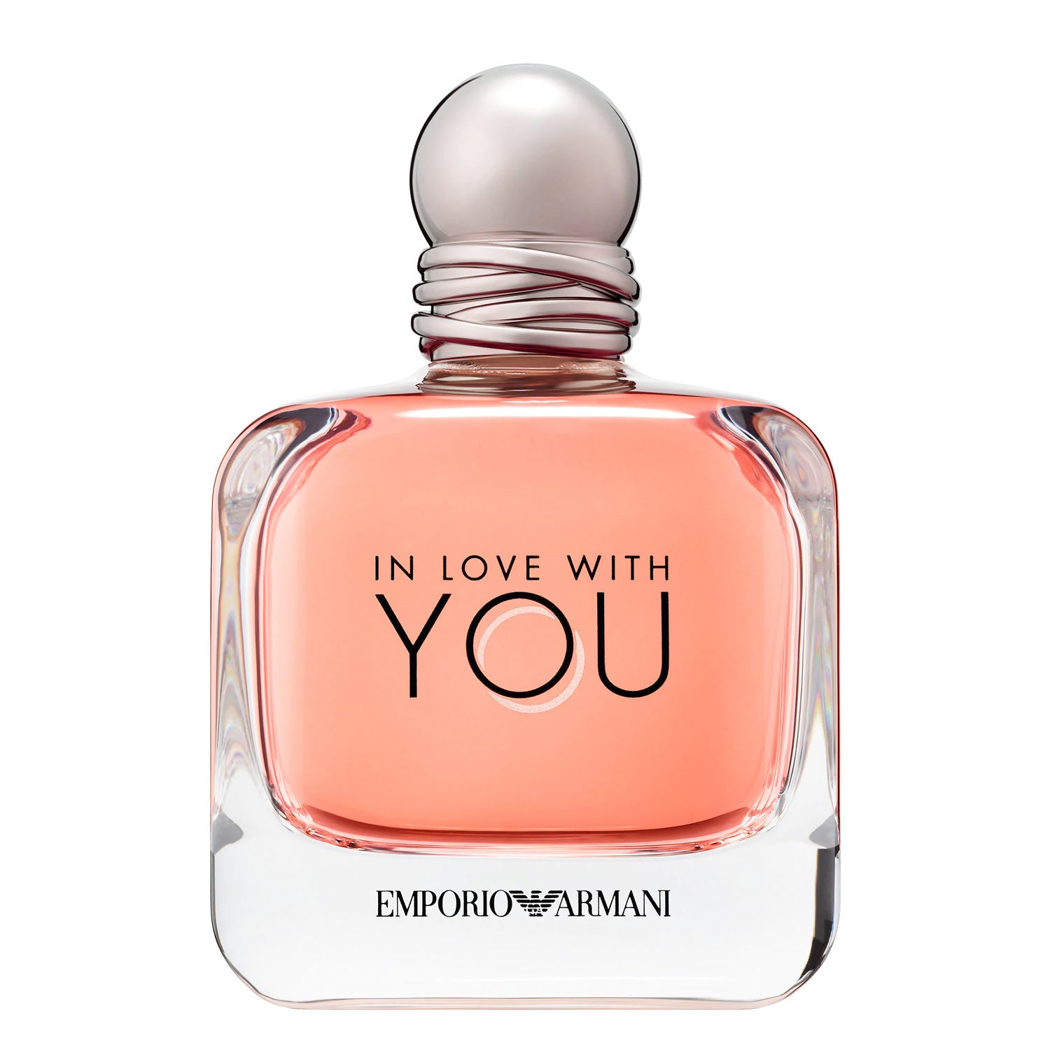 Perfume bottle with 'In Love with You' text and Emporio Armani logo on a white background